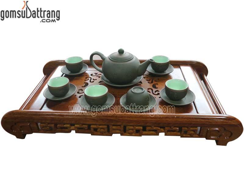 Bộ ấm chén tống phúc lộc thọ xanh chỉ nghệ nhân