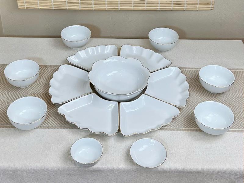 Bộ khay sứ mặt trời Bát Tràng viền vàng kim cao cấp