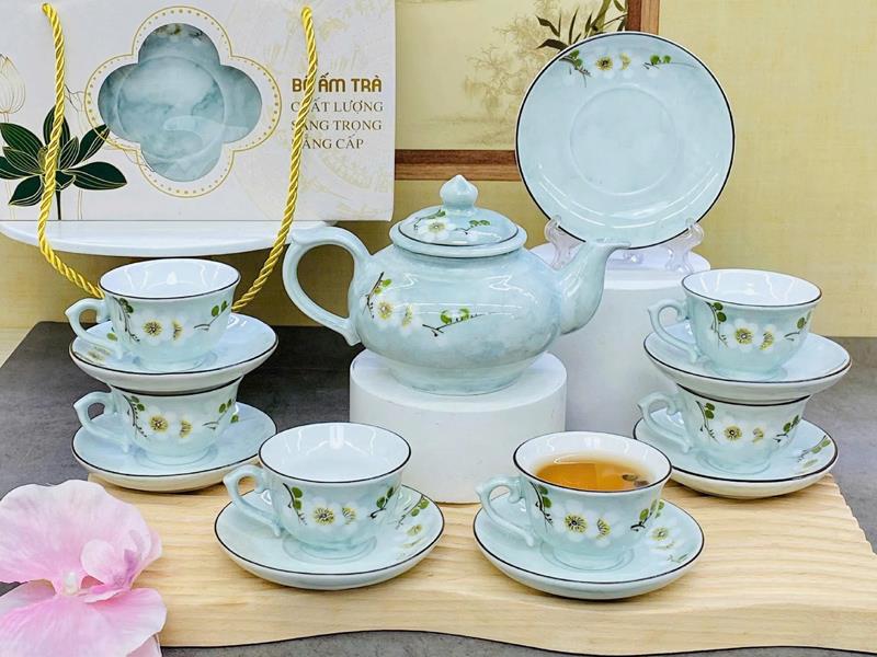 Bộ ấm chén men màu đá xanh vẽ hoa Mận trắng cao cấp Bát Tràng