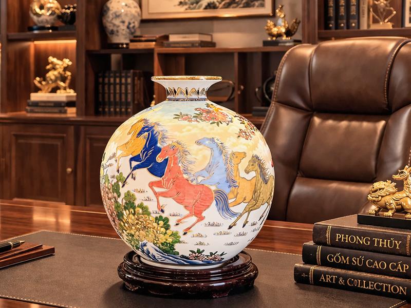 Bình hút lộc Bát Tràng vẽ mã đáo thành công