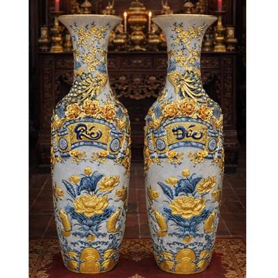 Đôi lọ lộc bình Bát Tràng đắp nổi dát vàng, đề tài Phúc Đức