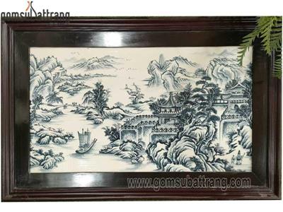 Tranh sơn thủy hữu tình gốm sứ Bát Tràng men tràm vẽ kỹ 58,5x90,5cm