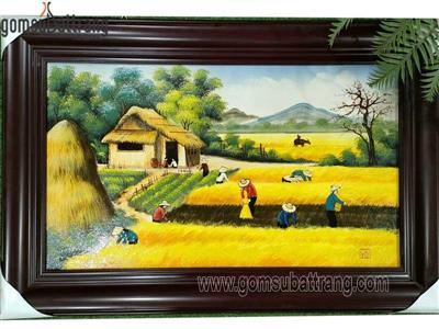 Tranh cảnh đồng lúa chín gốm sứ Bát Tràng 60x90cm